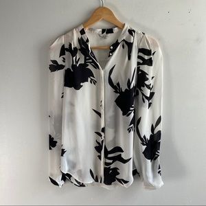 Joie white black floral silk button down shirt
